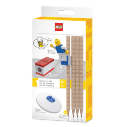 Zestaw szkolny LEGO®: Minifigurka, 4 ołówki, klocek do mocowania, temperówka, gumka do ścierania